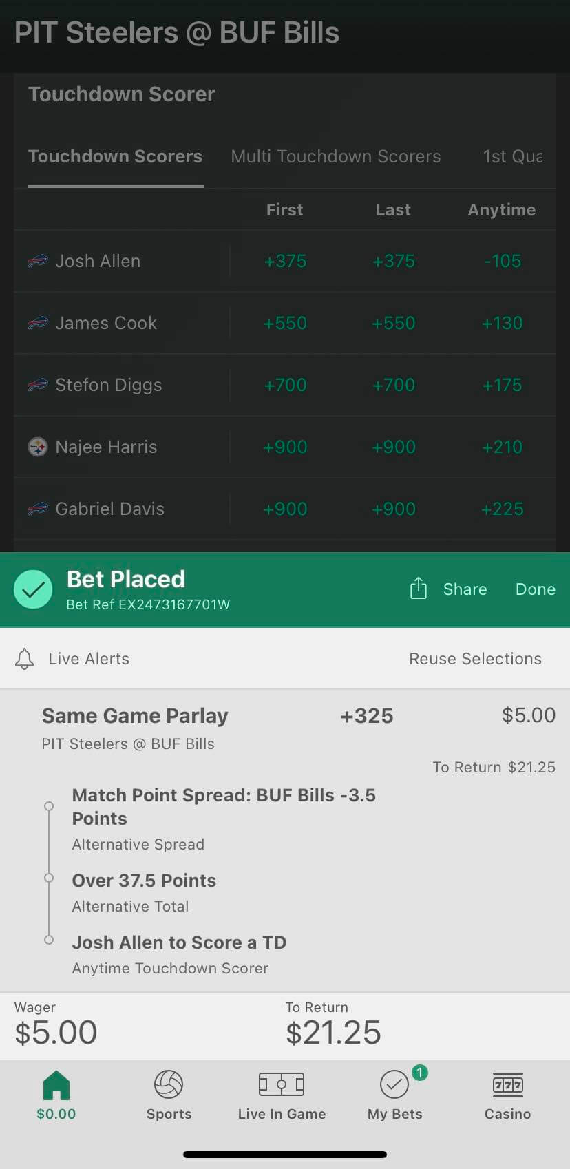 Bet365 same game parlay Bills Steelers bet placed screenshot
