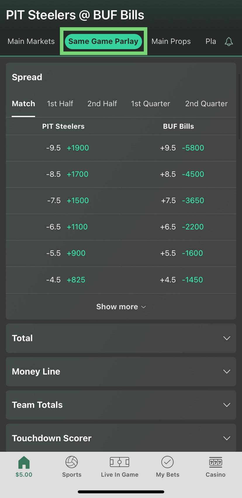 Bet365 app same game parlays menu Bills Steelers