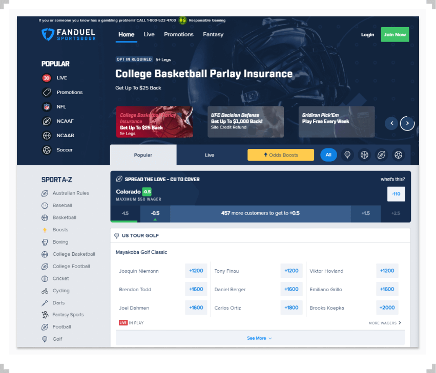 Screenshot of FanDuel Sportsbook homepage
