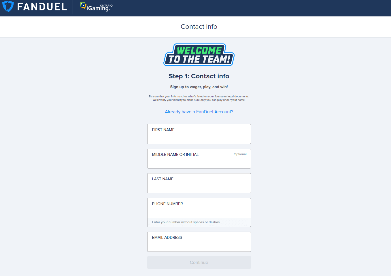 FanDuel Ontario registration webpage
