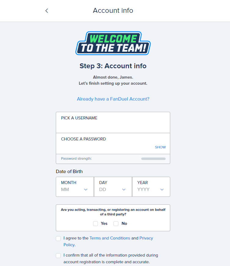 FanDuel promo code sign up step 3 screenshot