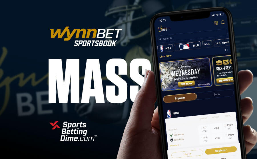 WynnBET Massachusetts hand holding mobile phone with app open