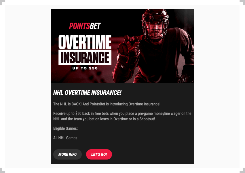Screenshot of PointsBet NHL overtime insurance promotion