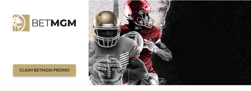 BetMGM logo with football players red white gold jerseys