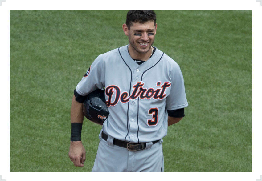 Ian Kinsler holding helmet one arm behind back Detroit Tigers