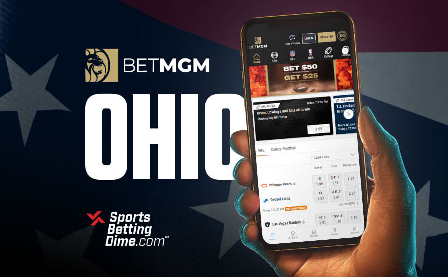 BetMGM Ohio bonuses flag hand holding mobile phone