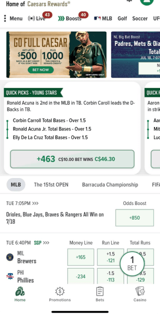 Caesars Sportsbook app updated screenshot odds