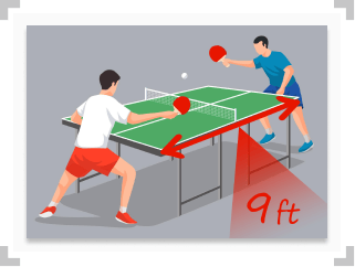 Table tennis players with arrow indicating 9 foot table length 