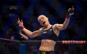 UFC fighter Rose Namajunas celebrating