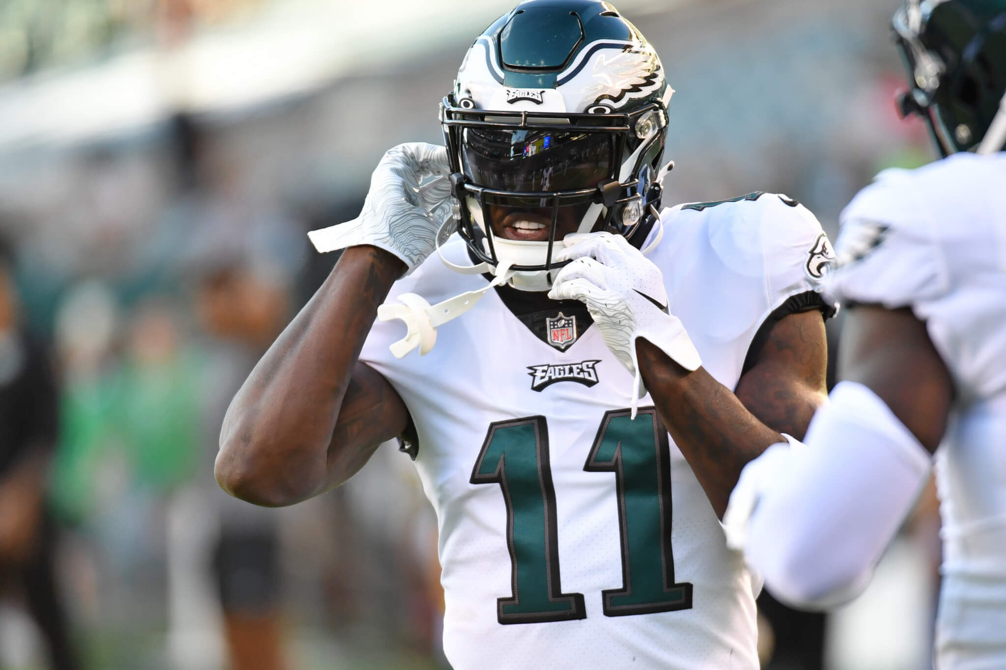 A.J. Brown Philadelphia Eagles touching helmet