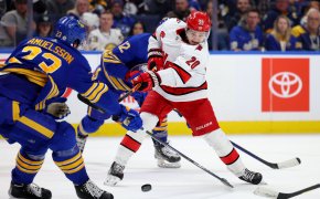 Carolina Hurricanes center Sebastian Aho takes a shot on goal during the third period against the Buffalo Sabres