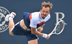 Daniil Medvedev serves against Matteo Arnaldi (ITA) (not pictured) during second round play at Sobeys Stadium
