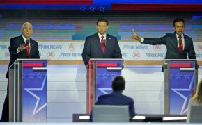 Mike Pence, Vivek Ramaswamy, and Ron DeSantis at the August 2023 Republican primary debate
