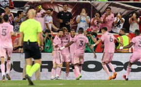 nter Miami CF forward Lionel Messi (10) celebrates after scoring a goal against the New York Red Bulls