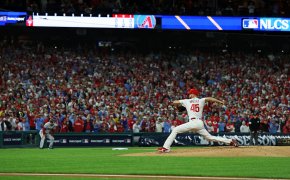 Philadelphia Phillies starting pitcher Zack Wheeler mid-delivery