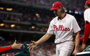 Philadelphia Phillies starting pitcher Aaron Nola entering the dugout