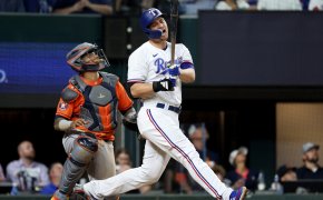 Texas Rangers shortstop Corey Seager reacts in dismay after a pop-out