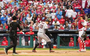 Arizona Diamondbacks left fielder Tommy Pham arrives at home plate after hitting a home run against the Philadelphia Phillies