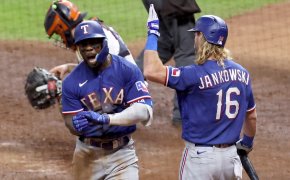 Texas Rangers right fielder Adolis Garcia celebrating a home run