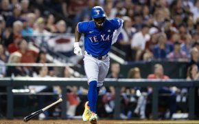 Texas Rangers right fielder Adolis Garcia reacts to an injury in Game 3 of the 2023 World Series