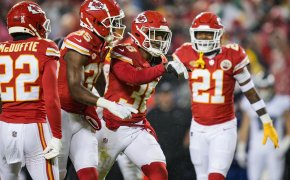 Kansas City Chiefs players celebrating red jerseys