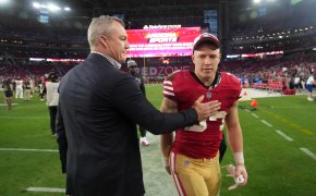 GM John Lynch congratulating Christian McCaffrey after another 49ers win.