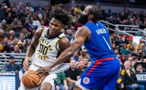 LA Clippers guard James Harden strips the ball from Indiana Pacers guard Bennedict Mathurin