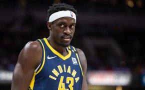 Pascal Siakam on basketball court blue jersey white headband