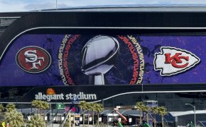 A general overall view of San Francisco 49ers and Kansas City Chiefs on the Allegiant Stadium facade.