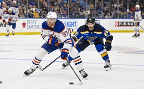 Edmonton Oilers center Connor McDavid controls the puck against the St. Louis Blues
