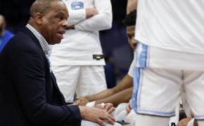 North Carolina head coach Hubert Davis during a timeout