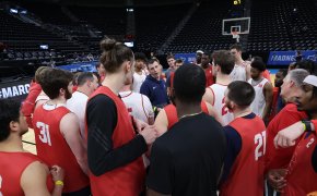 Samford huddling during practice