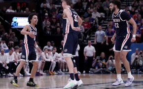Gonzaga players celebrating a basket against Kansas