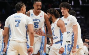 North Carolina Tar Heels players on the floor